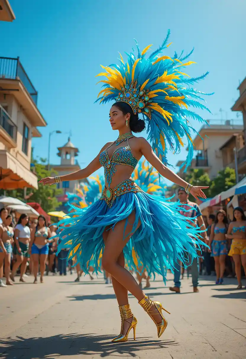 Latina carnival dancer in feathered costume under bright daylight