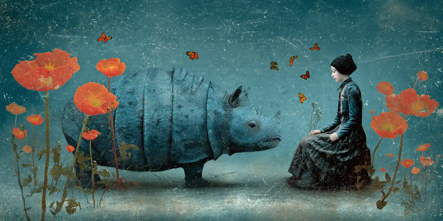 Whimsical mixed media fantasy scene in high contrast colors