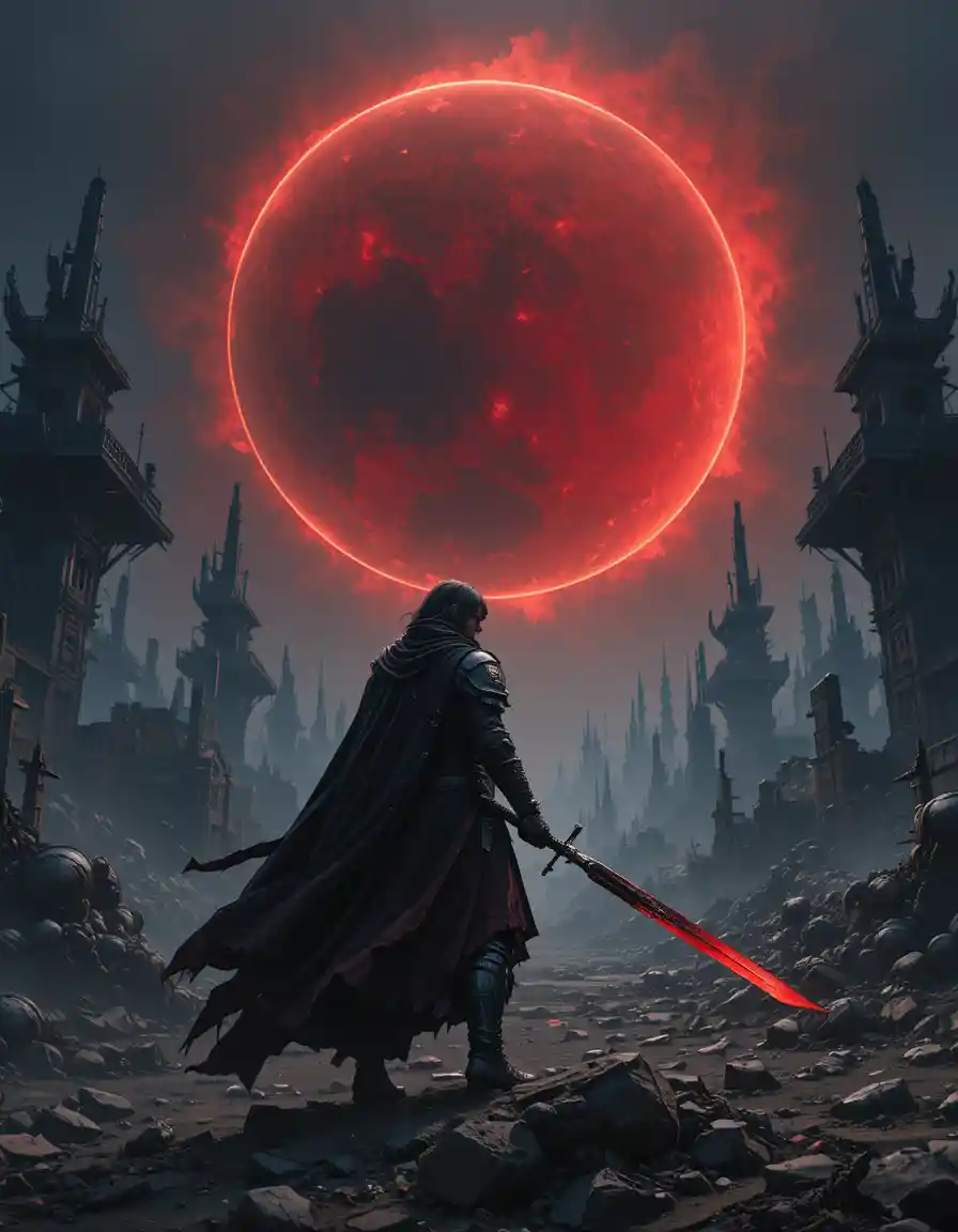 Immortal warrior under a colossal red eclipse