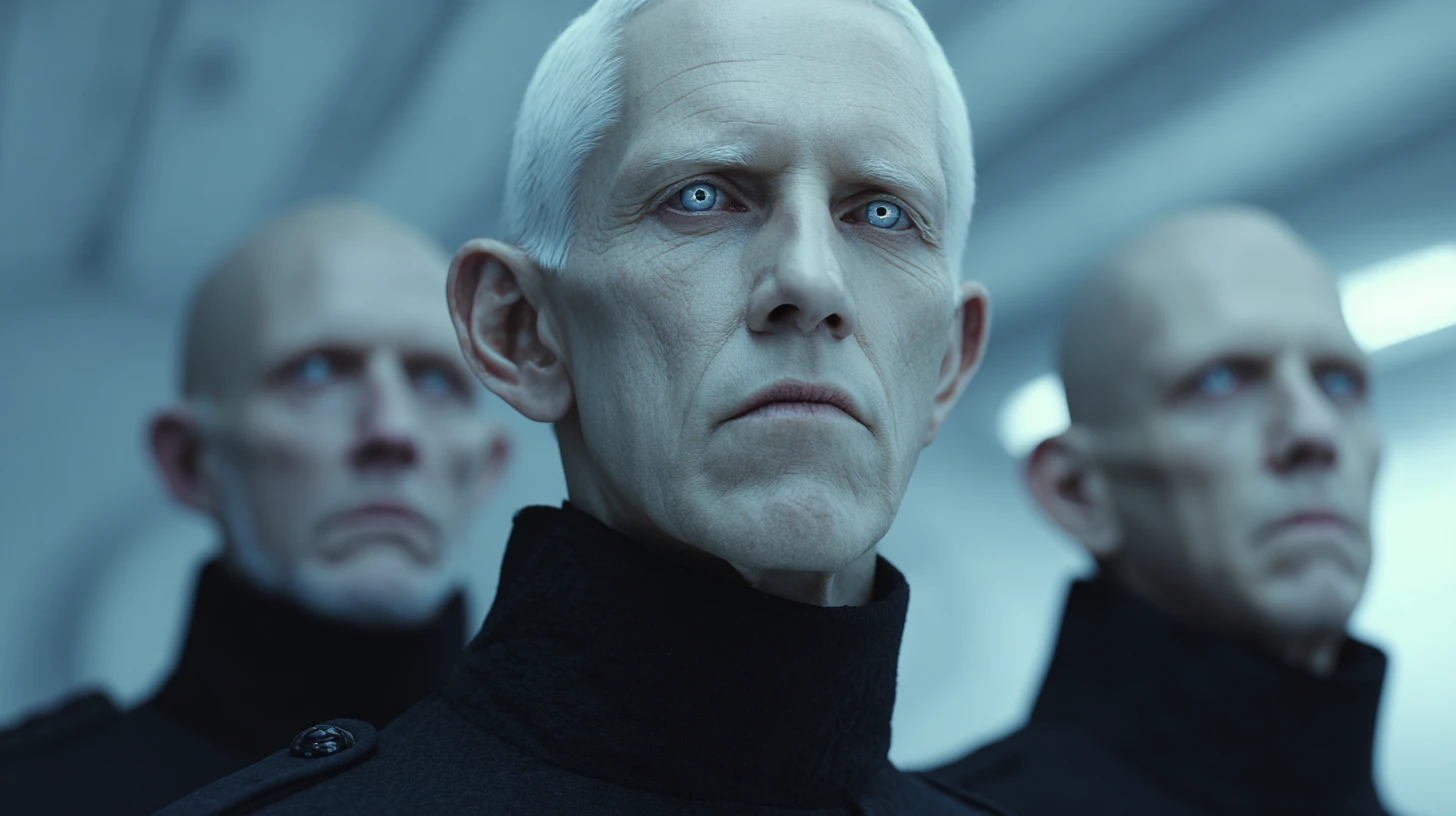Group portrait of futuristic priests in a space hangar