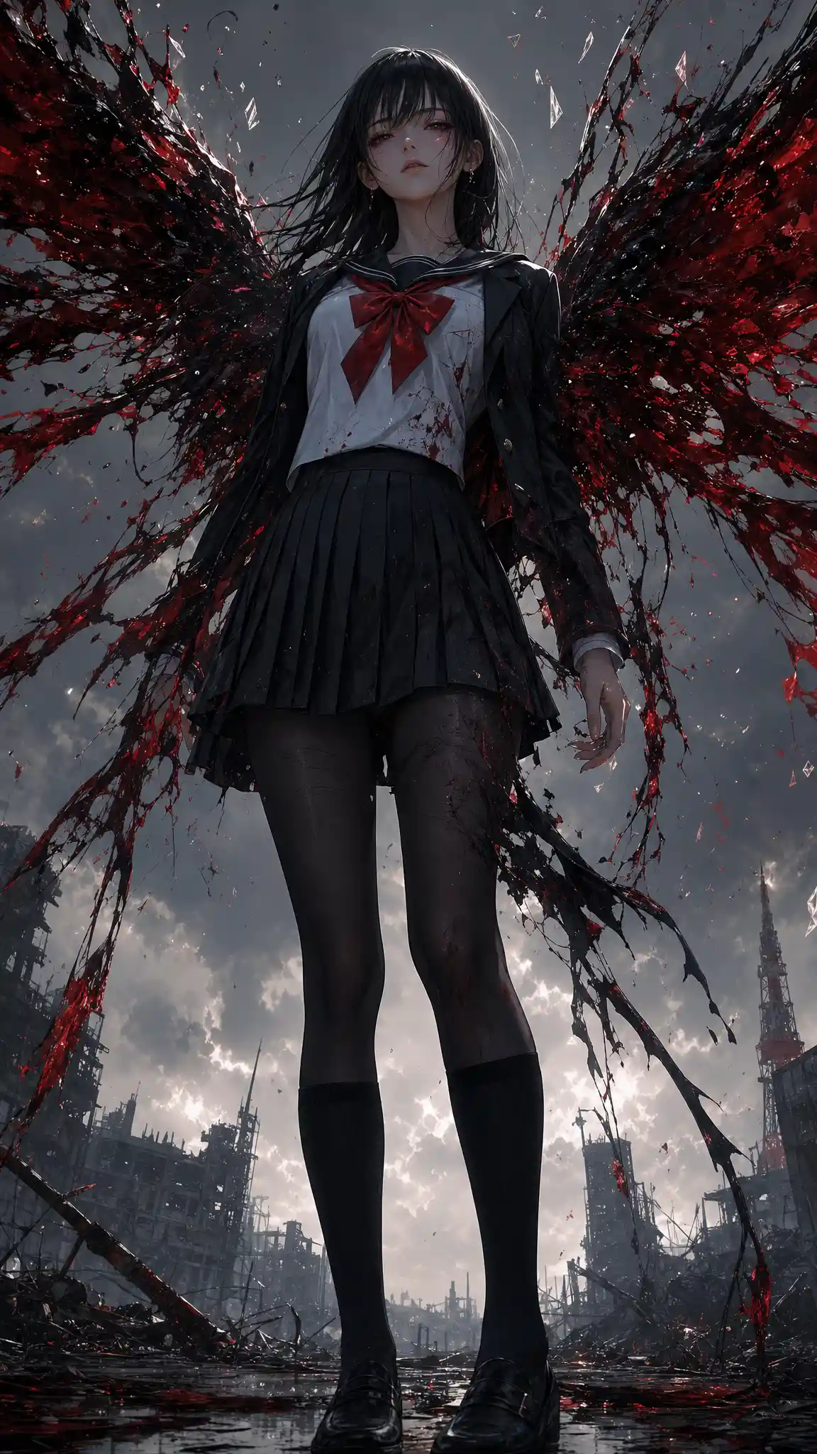 Scolara anime con ali di sangue in una città in rovina