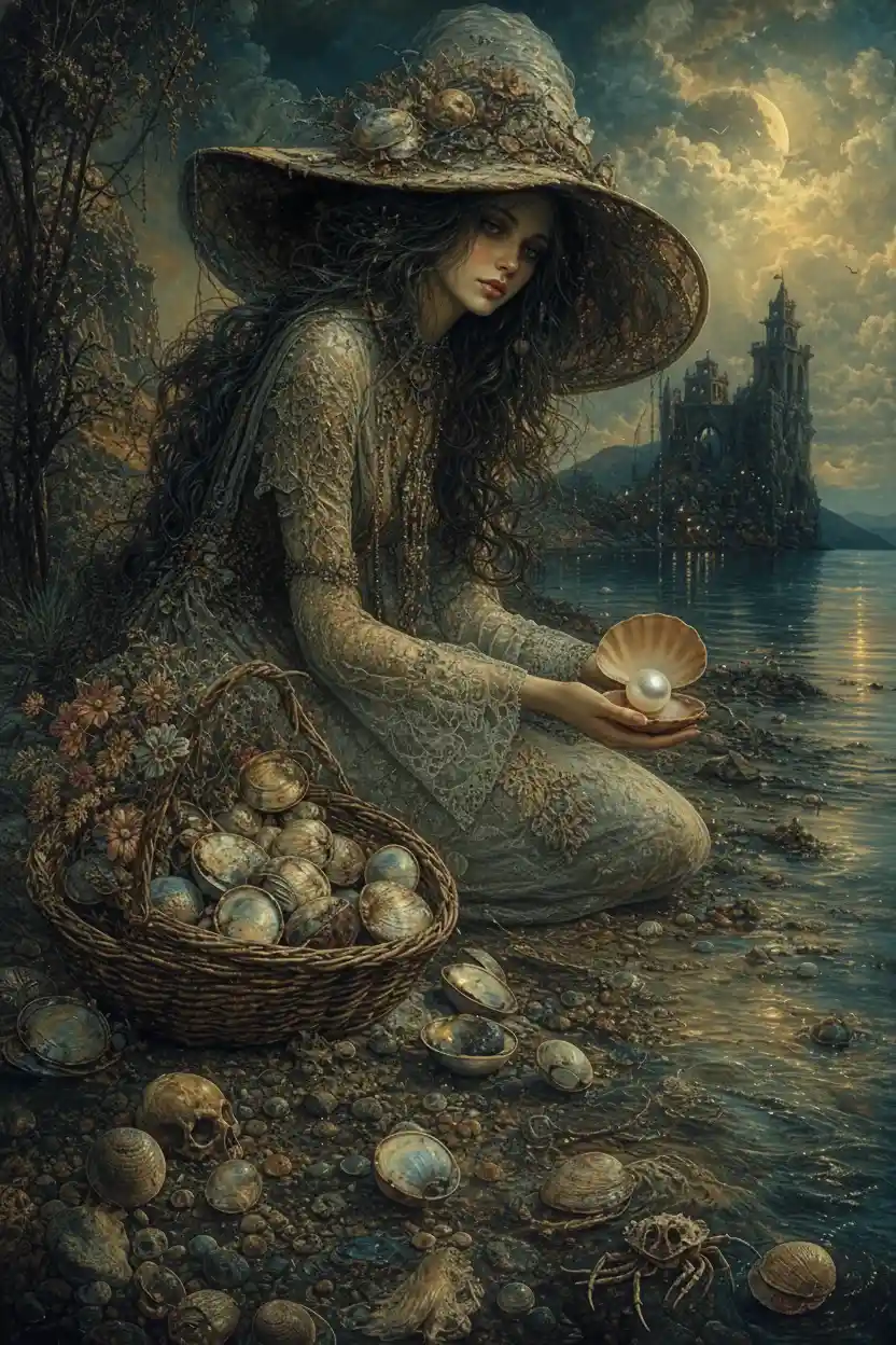 Woman cupping an open clam shell with shining pearl