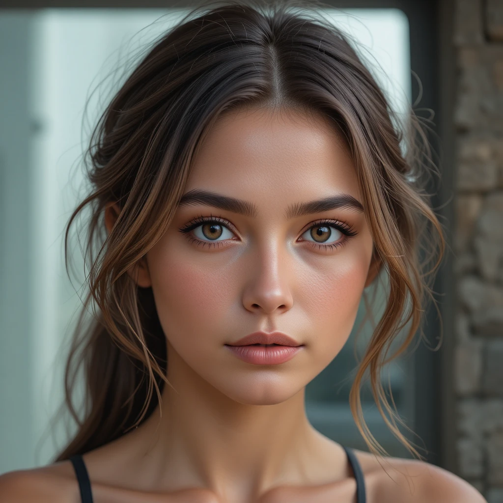 Tanned young girl with dark blond hair and brown eyes