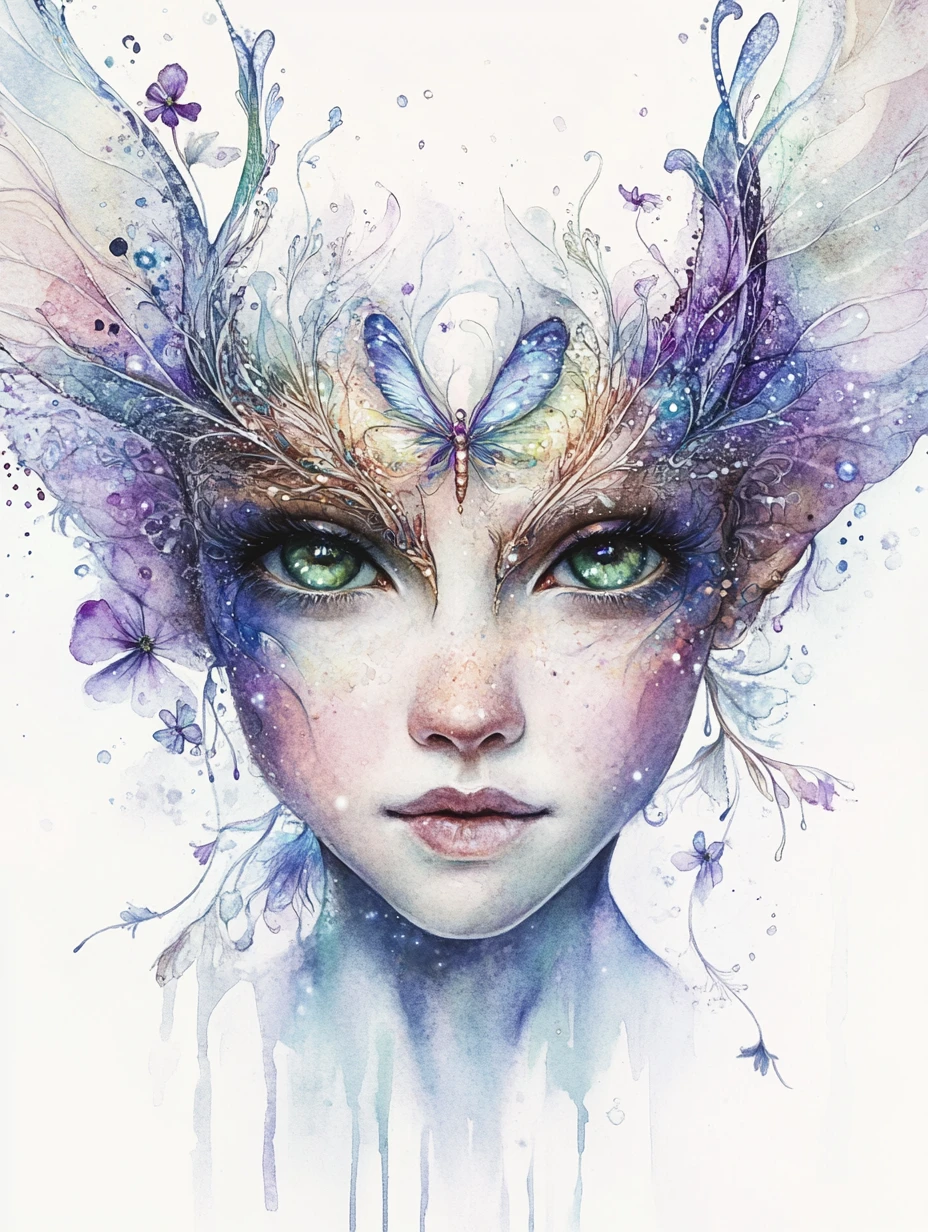 Menina fada em aquarela de perto com coroa floral cintilante