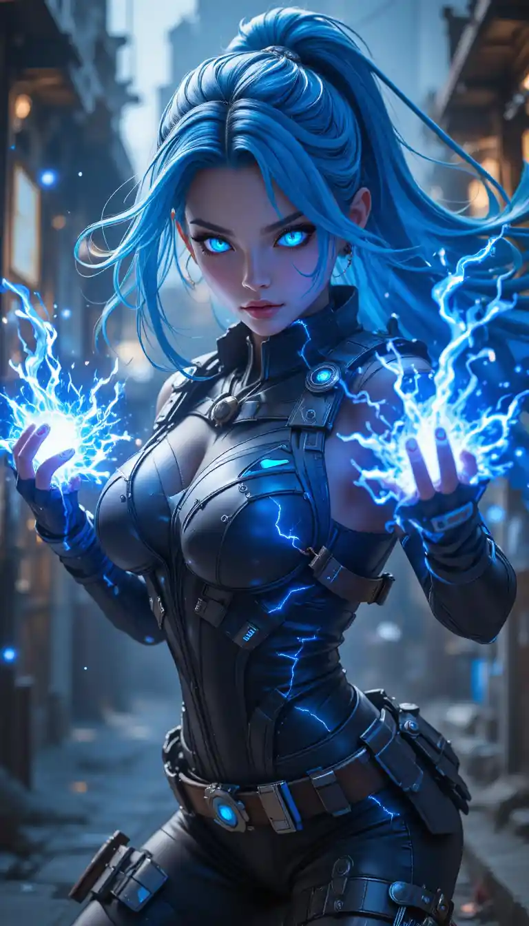 Blue haired female hero unleashing glowing combat energy