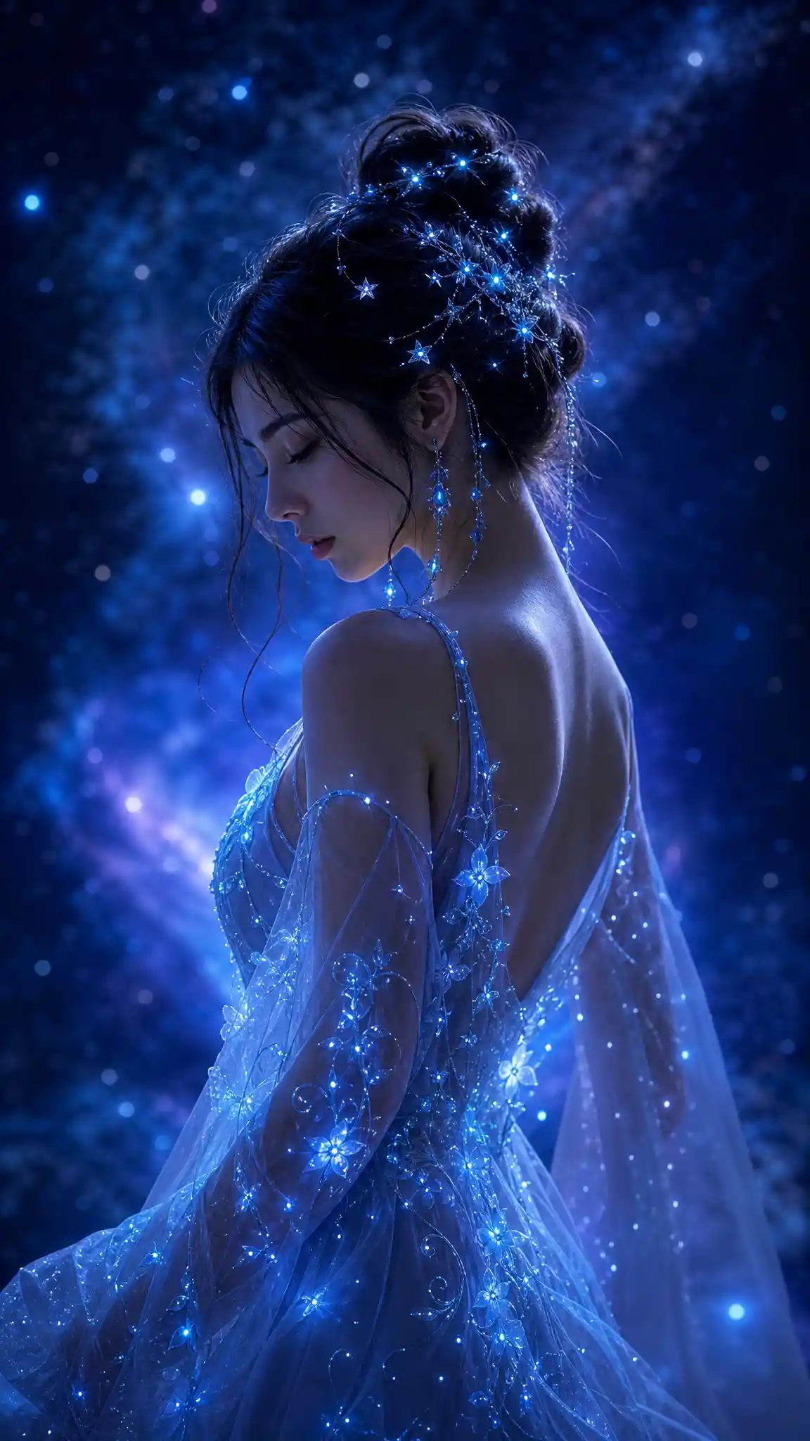 Donna aggraziata in abito luminoso davanti a un vuoto blu cosmico