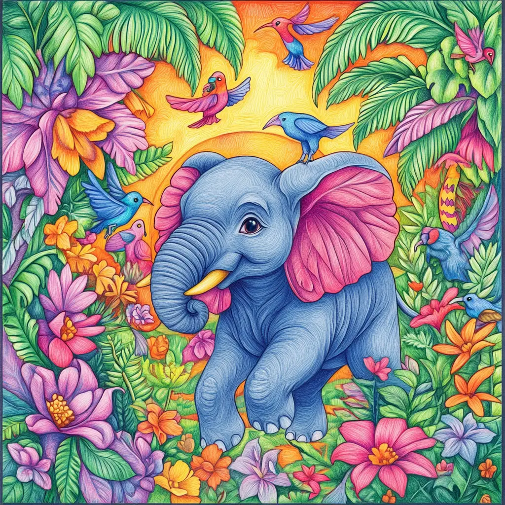 Cheerful Elephant Playing With Birds In Tropical Jungle