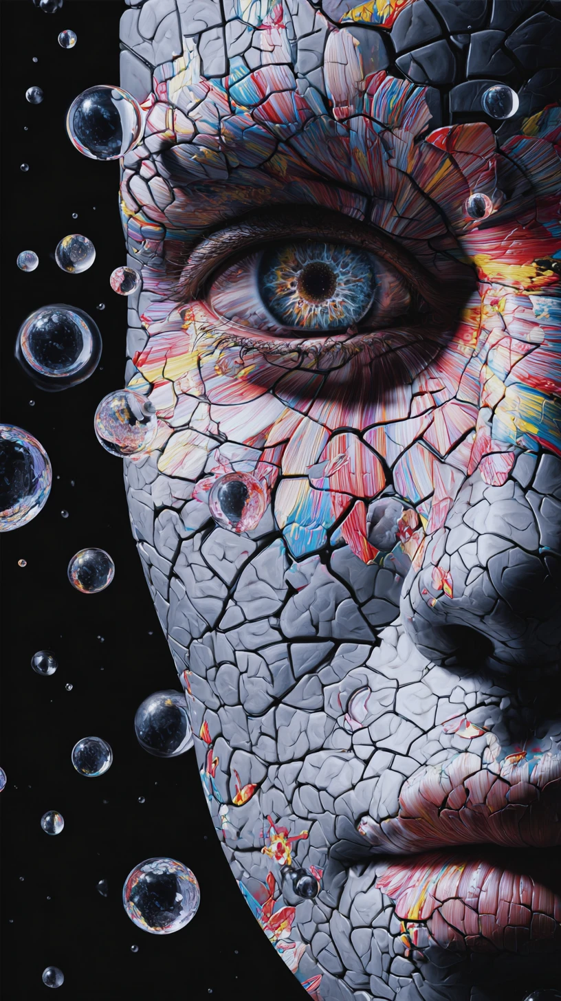 Surreal porcelain face emerging from a dark cosmic void