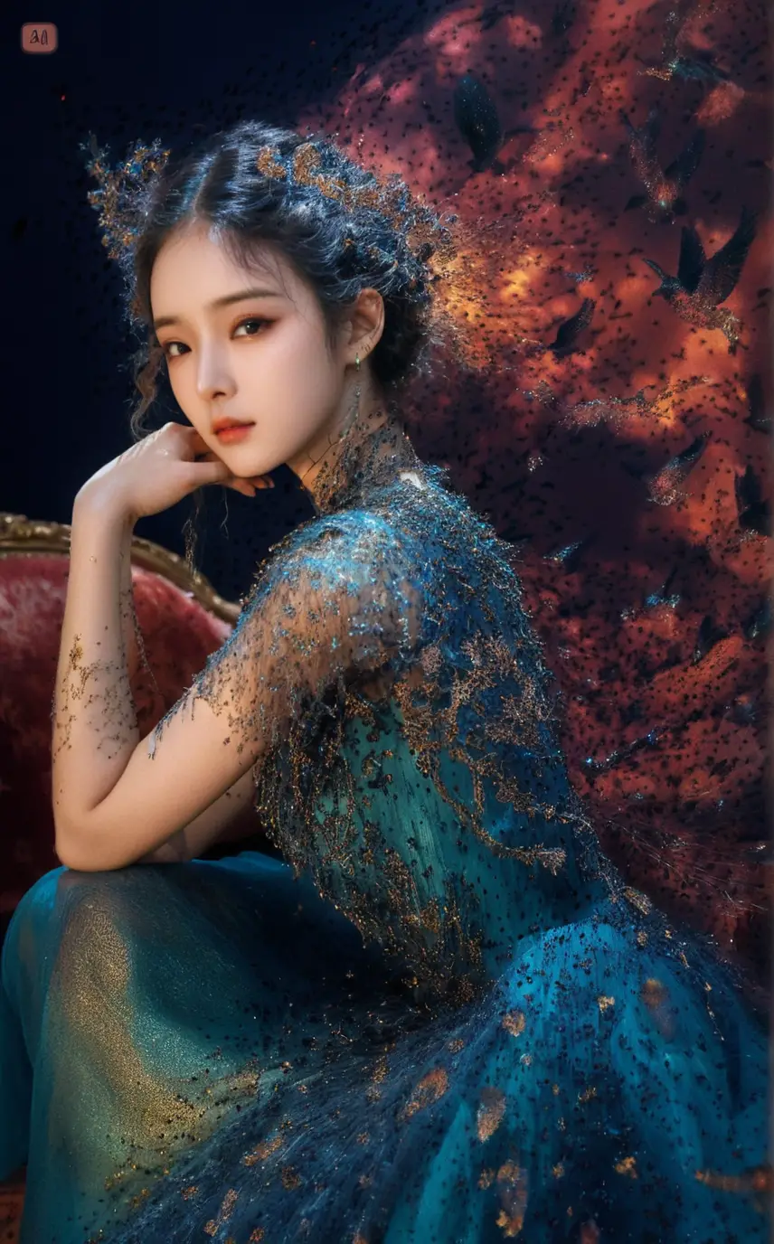 Surreal woman on a lounge between elegant and uncanny forms