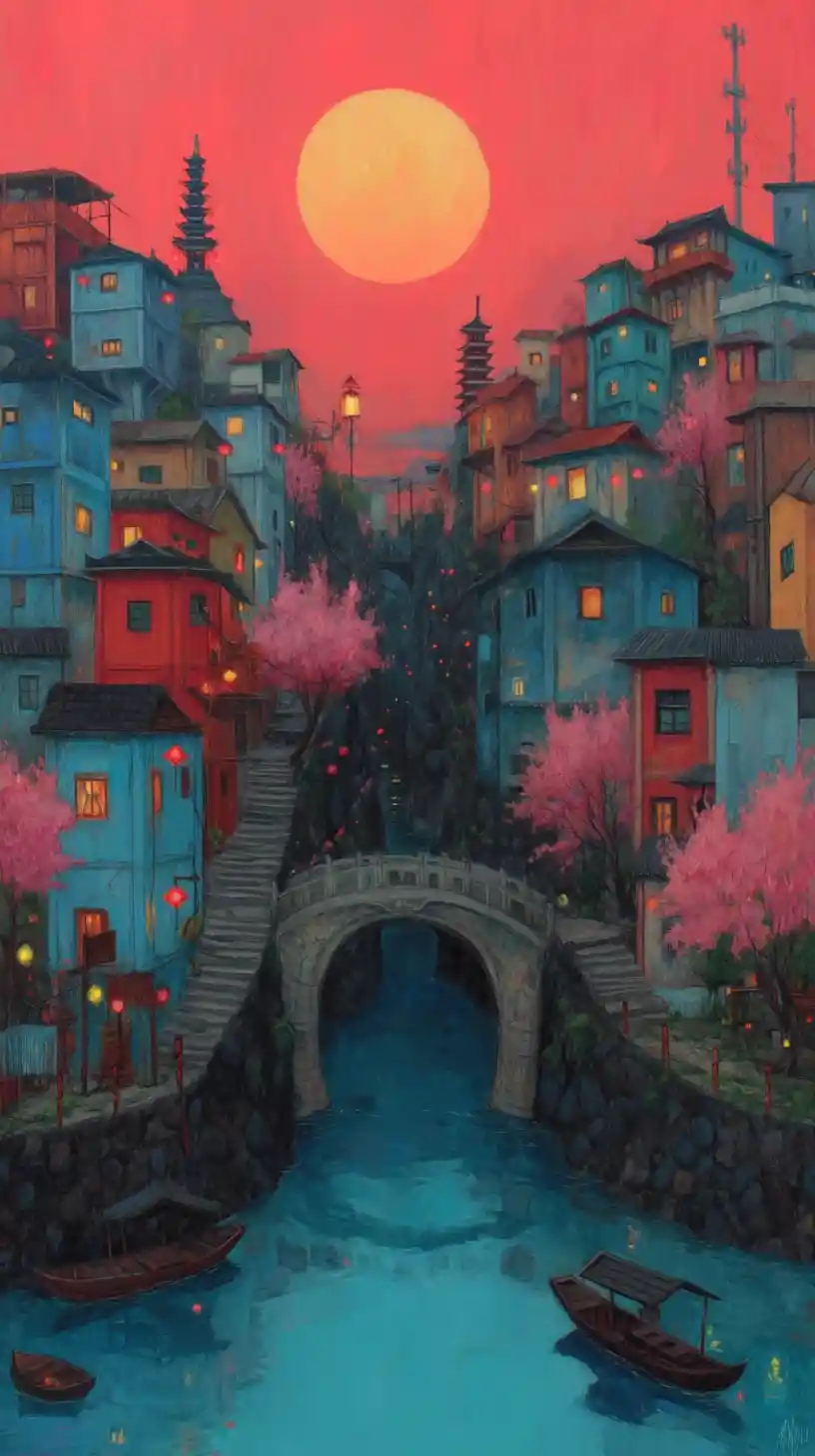 Ancient canal town at sunset with pagoda and boats
