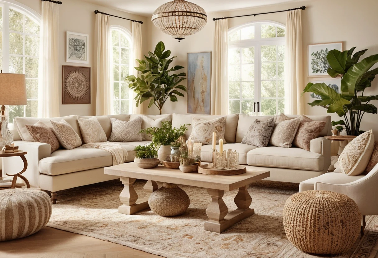 Bohemian style living room with creamy beige accents