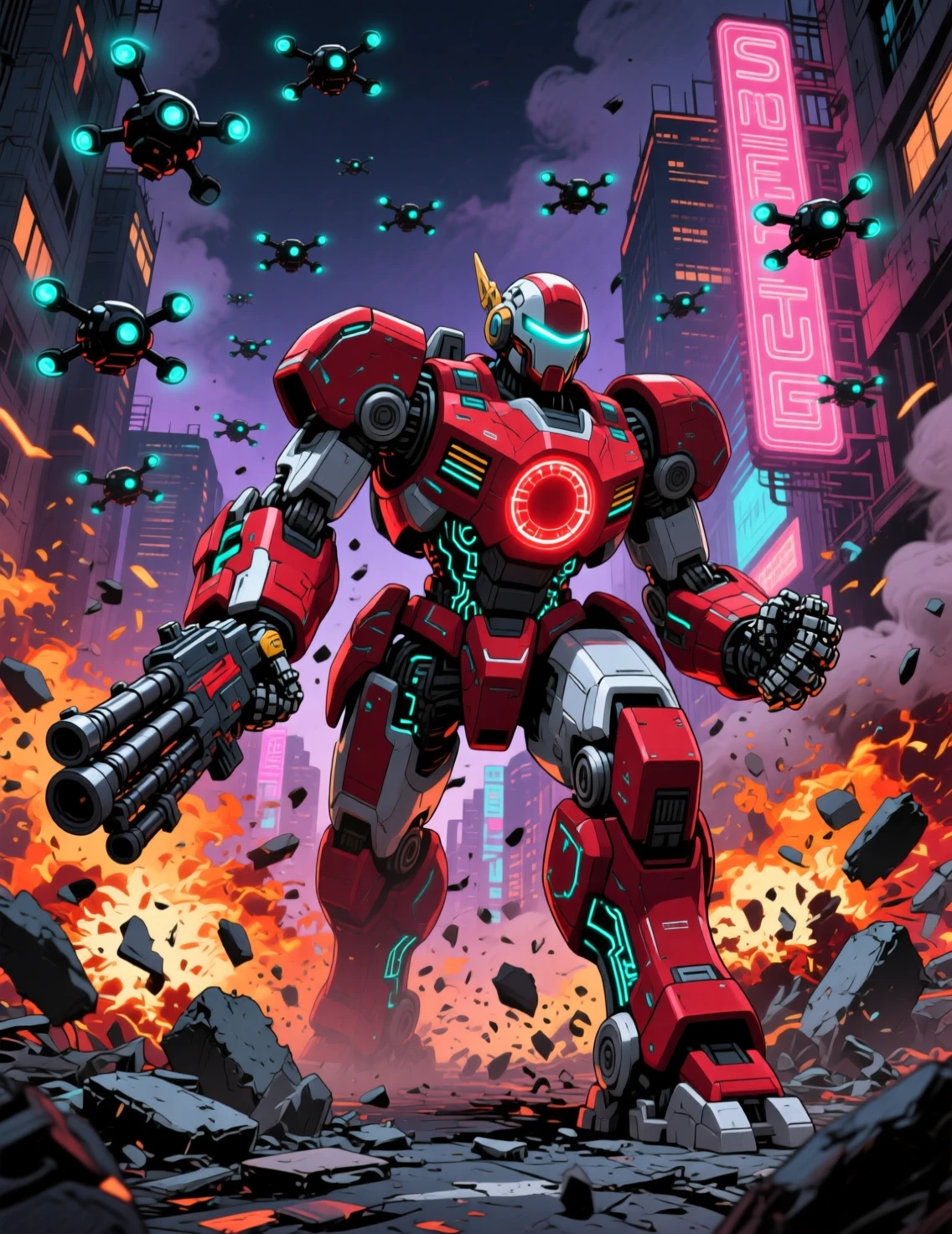Colossal battle mecha strides through exploding cyberpunk city