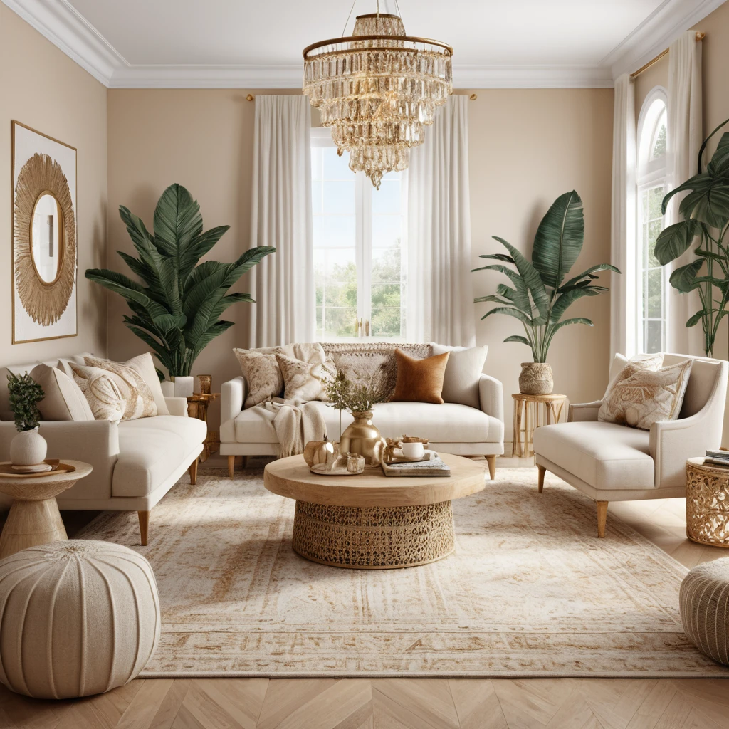 Bohemian style living room with creamy beige accessories