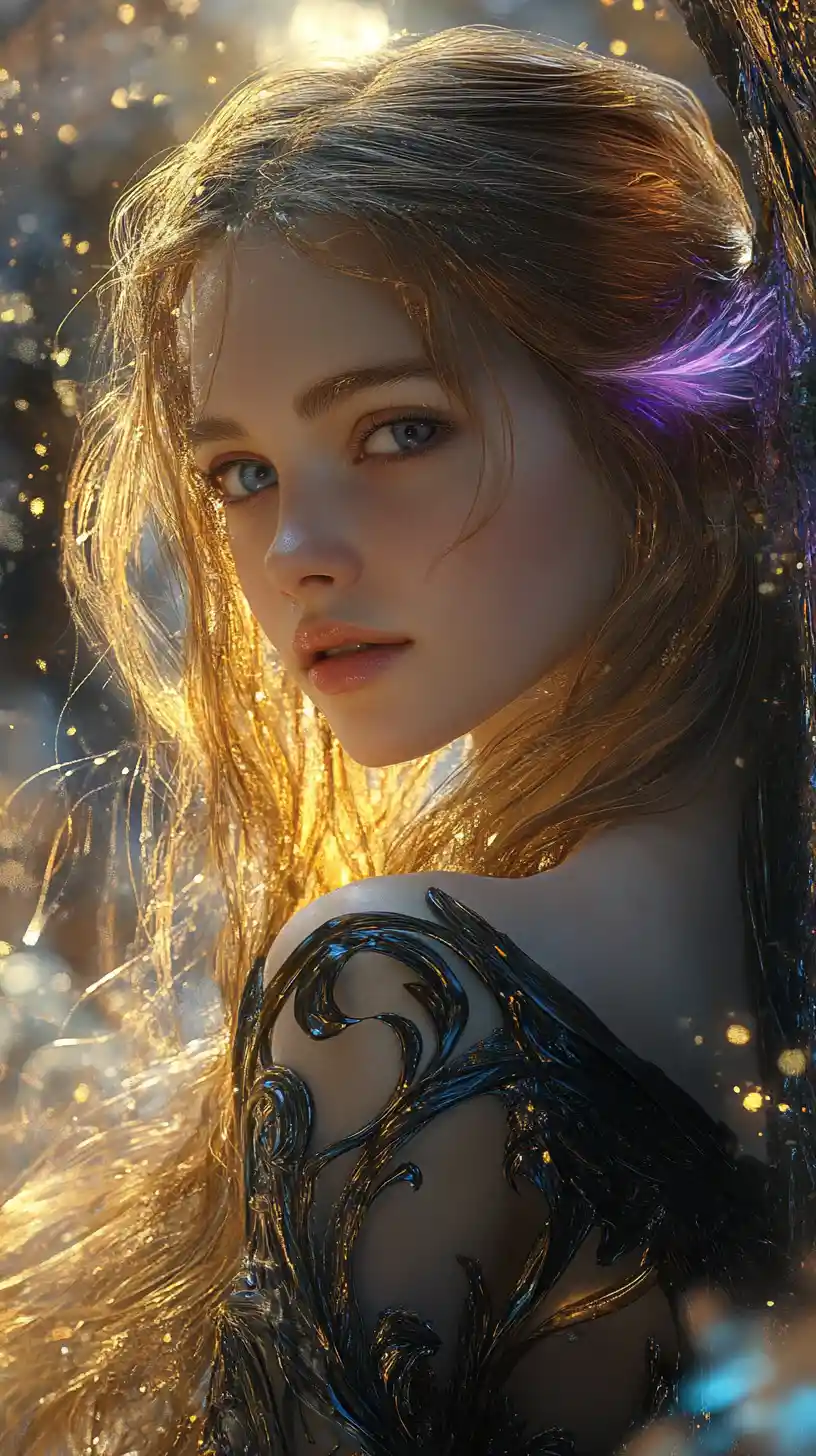 Ethereal armored woman in glowing mystical cavern portrait