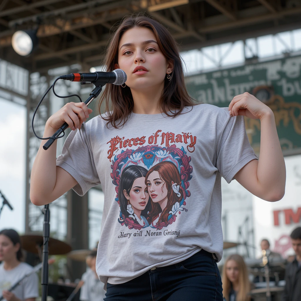 Female grunge musician showing new band shirt on stage