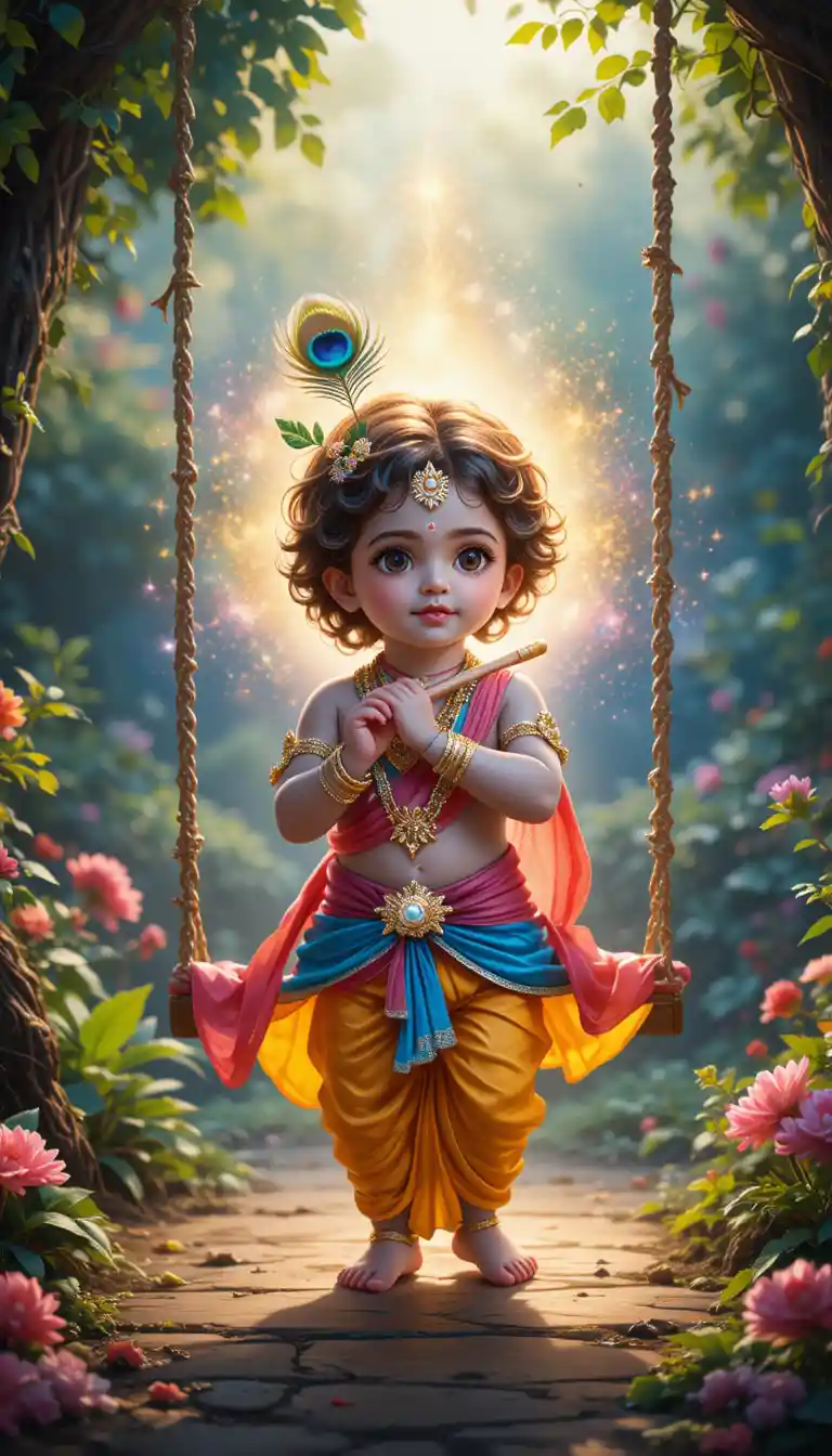 Baby Krishna holding a flute beside a garden swing
