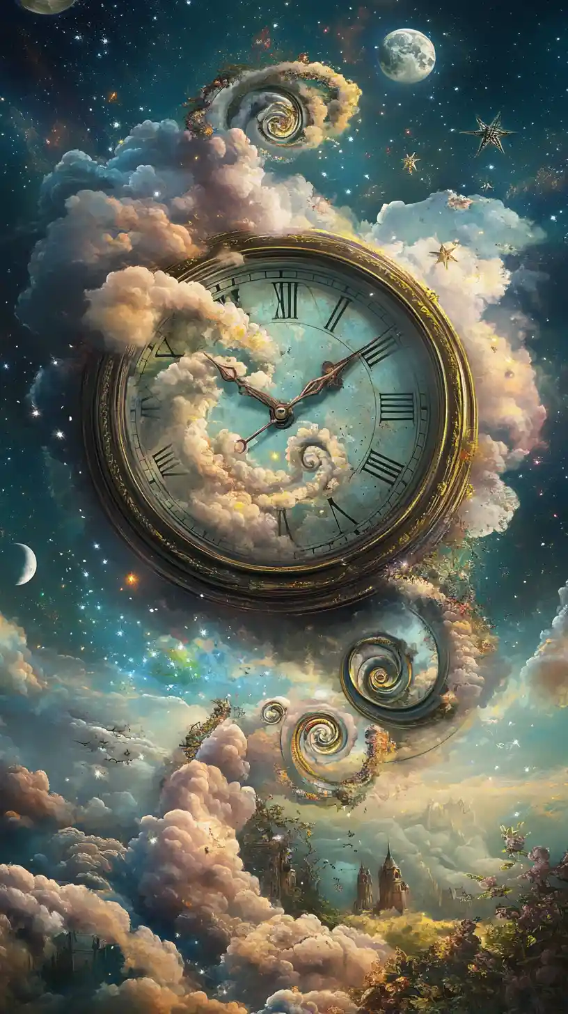 Orologio vintage che sboccia con vortici di nuvole colorate e fantastiche