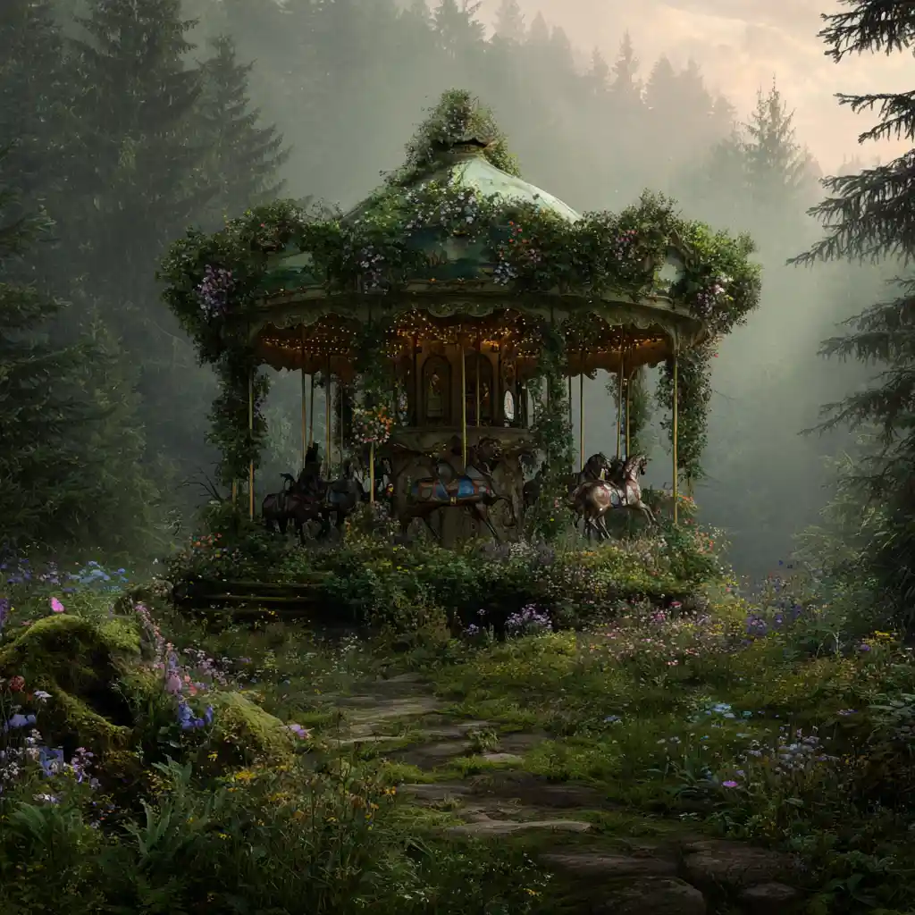 Abandoned forest carousel bathed in gentle sunlight
