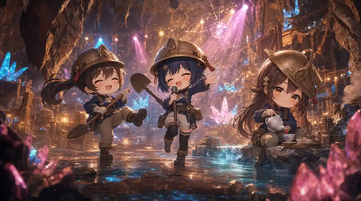 Chibi miners dancing and relaxing in a glowing cave