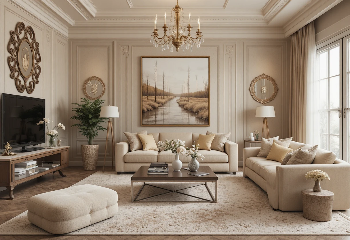 Bohemian style living room with elegant beige accents