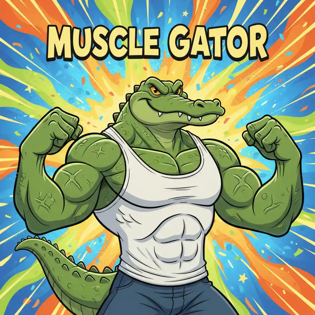 Muscular cartoon alligator flexing against colorful background