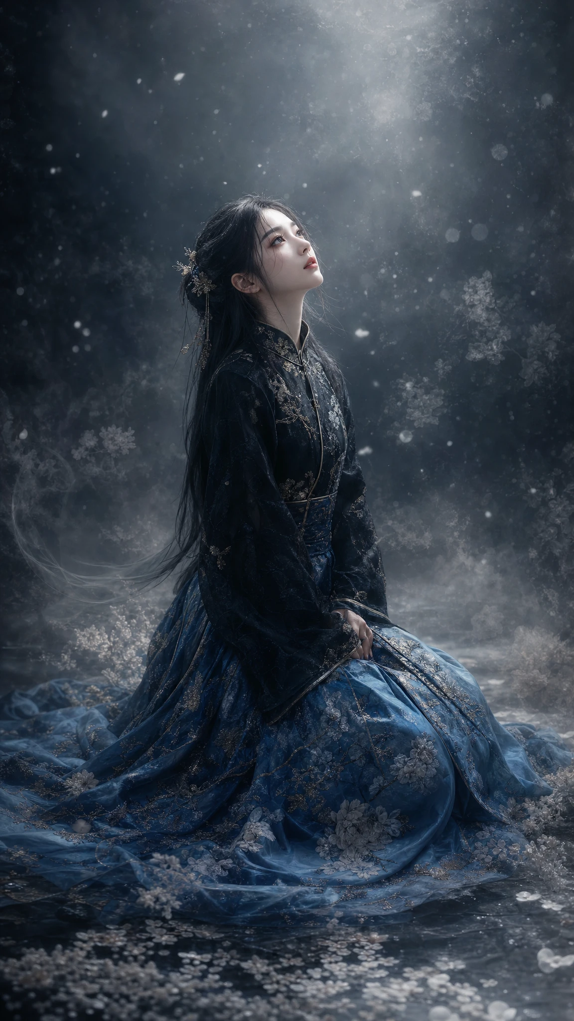 Kneeling woman in ornate blue skirt in ethereal gray space