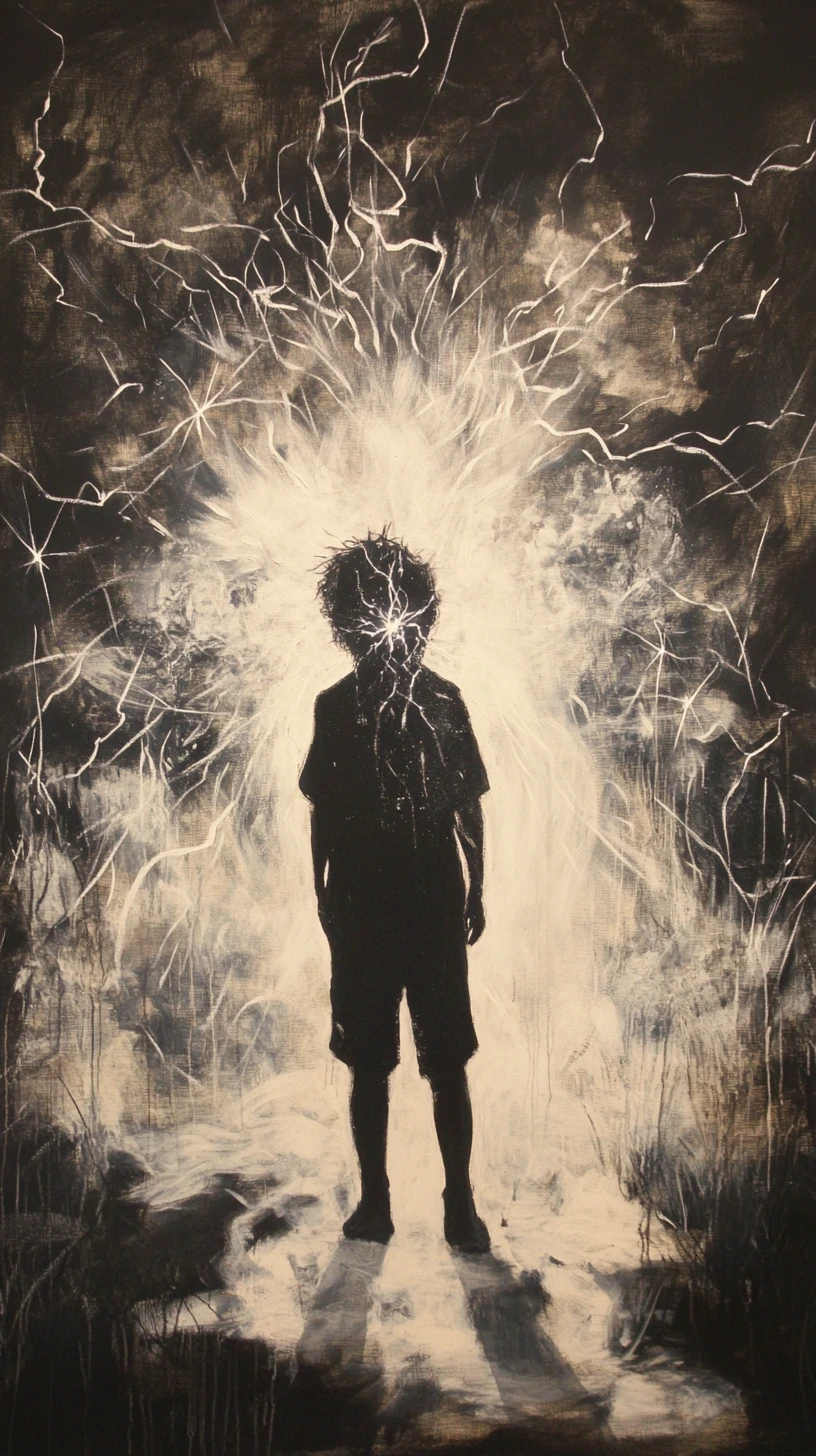 Young boy walking with lions on a stormy night street