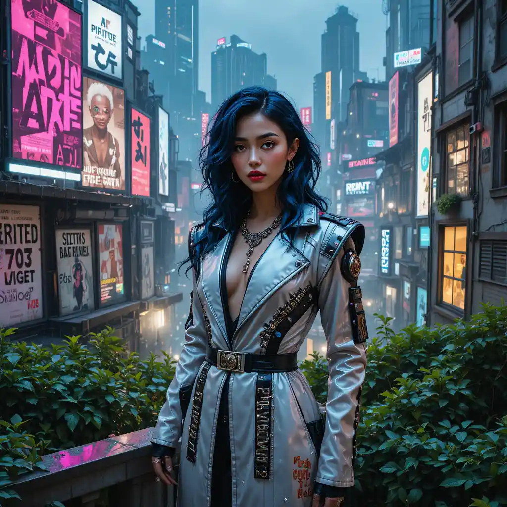 Cyberpunk fashion woman on a rainy rooftop garden
