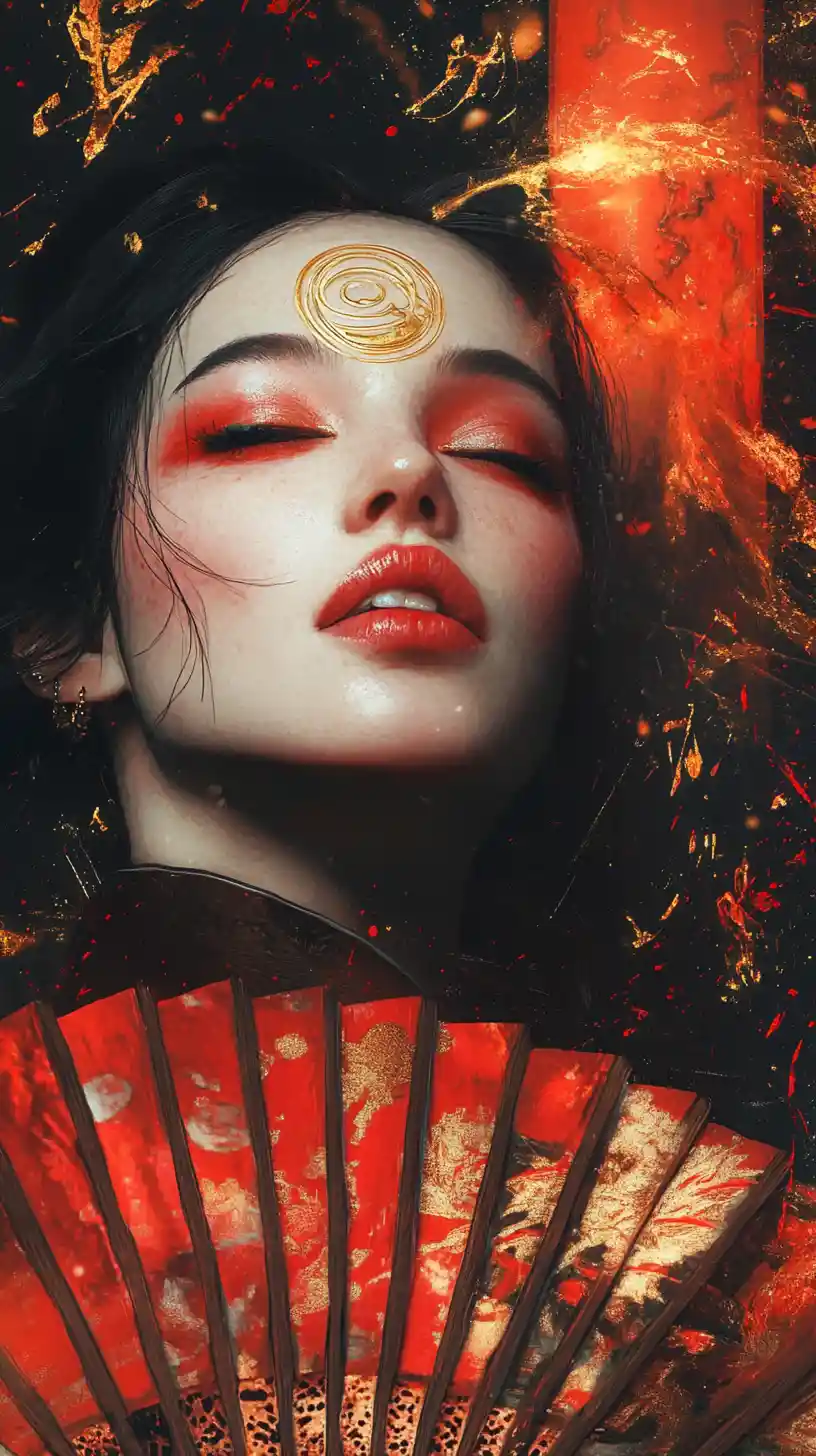 Geisha inspired woman with red fan in abstract light
