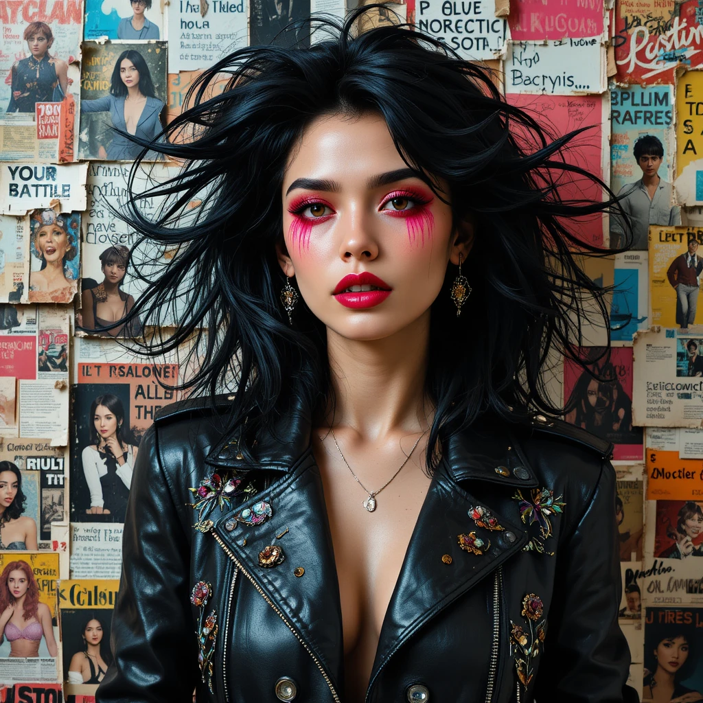 Mulher confiante em moda punk diante de parede de colagem retrô