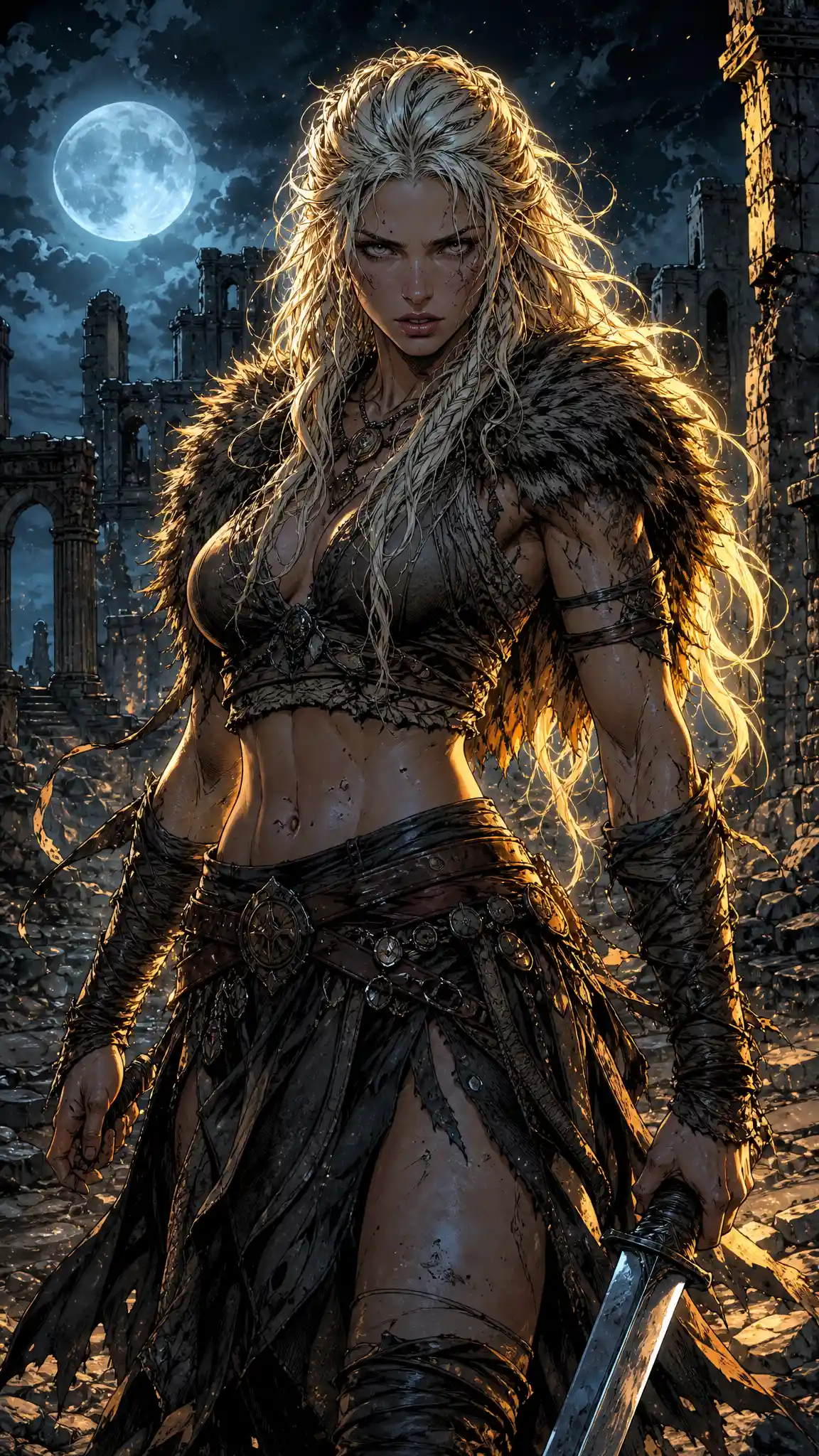 Fierce nordic warrior woman in moonlit ruined city