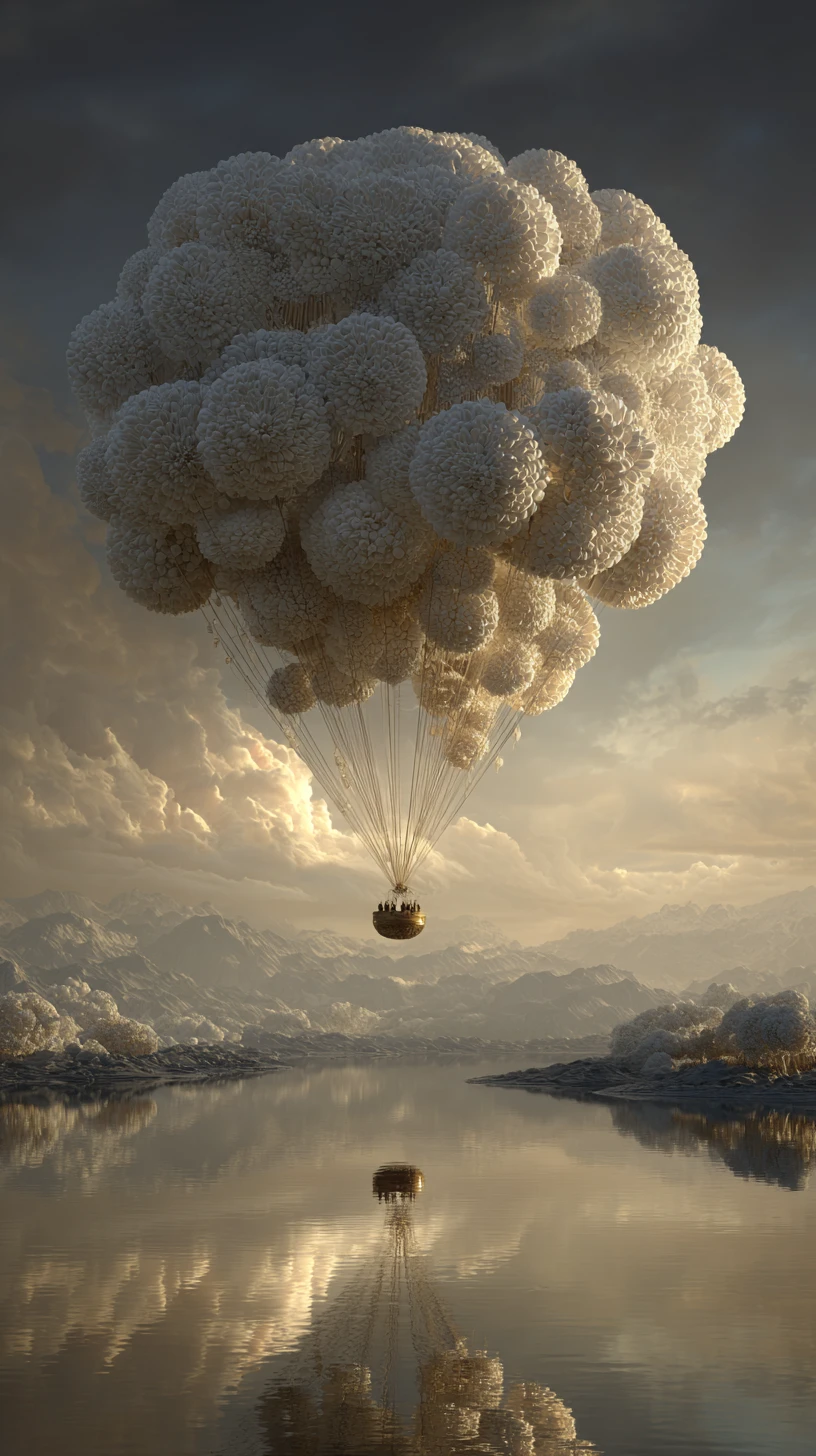 Surreal balloon sphere over a mirrored tranquil landscape