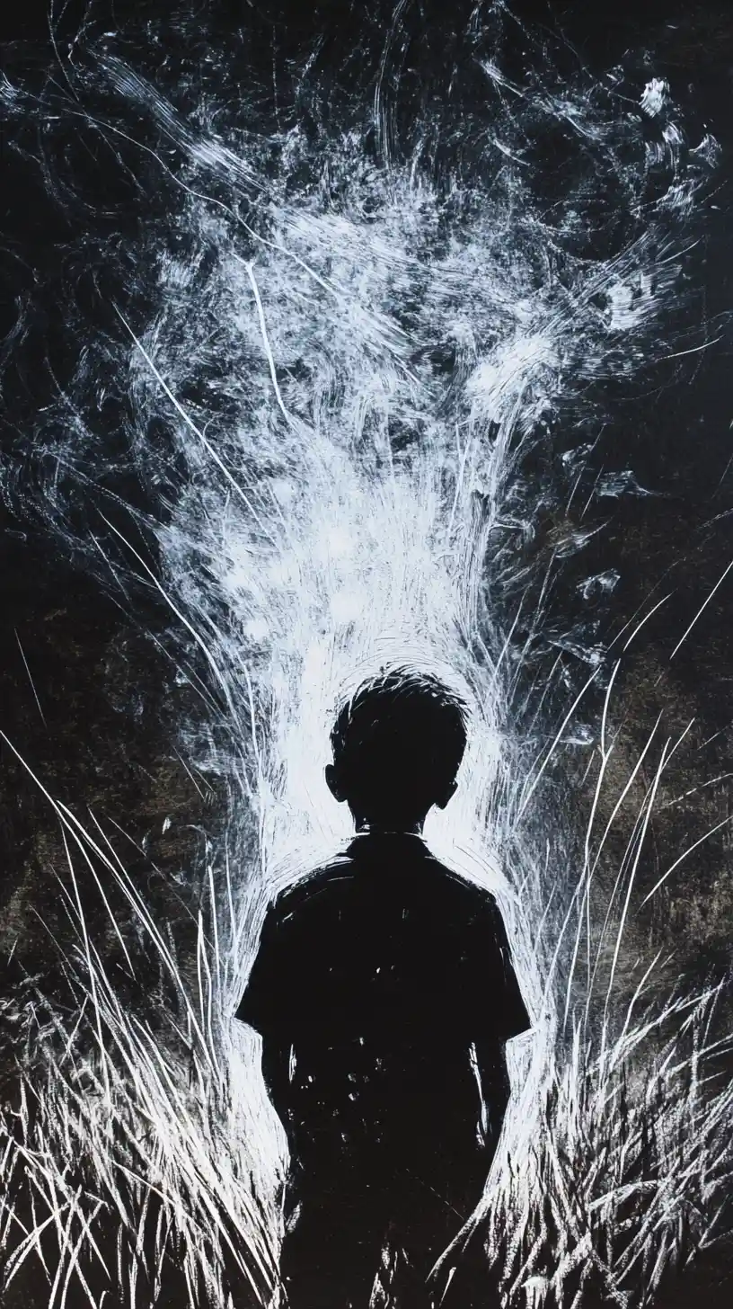 Young boy standing on a rainy night under lightning