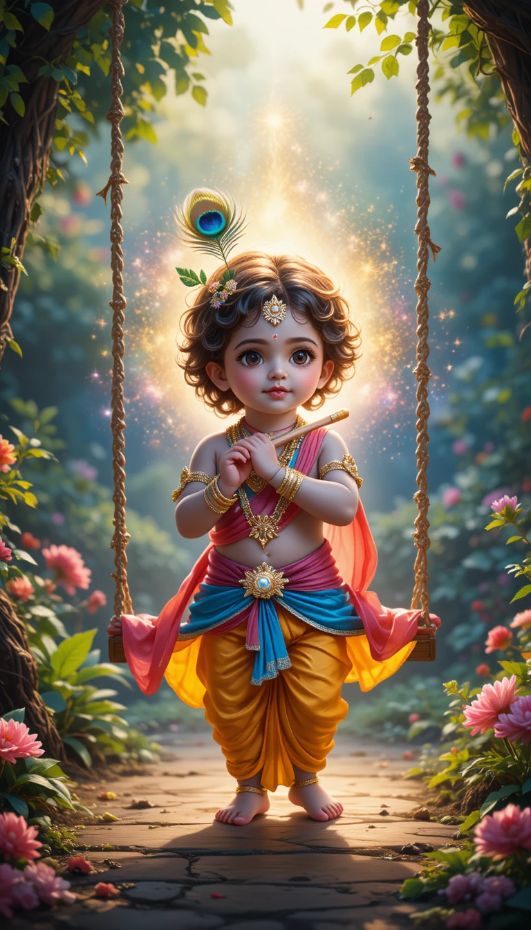 Baby Krishna holding a flute beside a garden swing