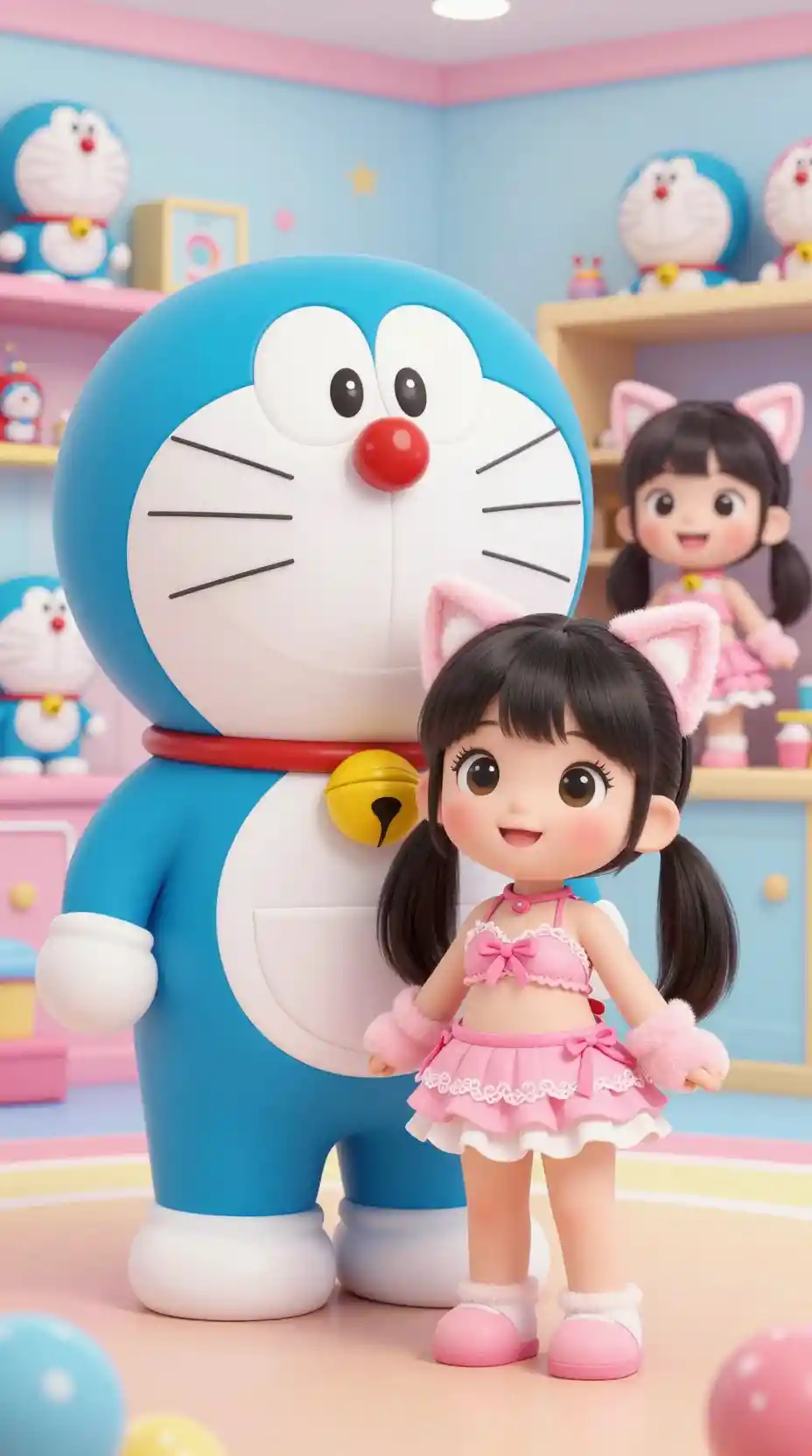 Cheerful kids in kawaii outfits in a colorful room