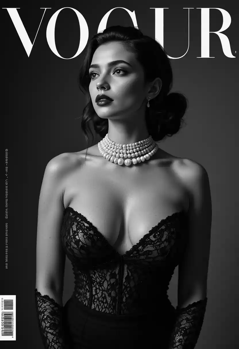 Elegant woman in pearls with lace gloves in dramatic light
