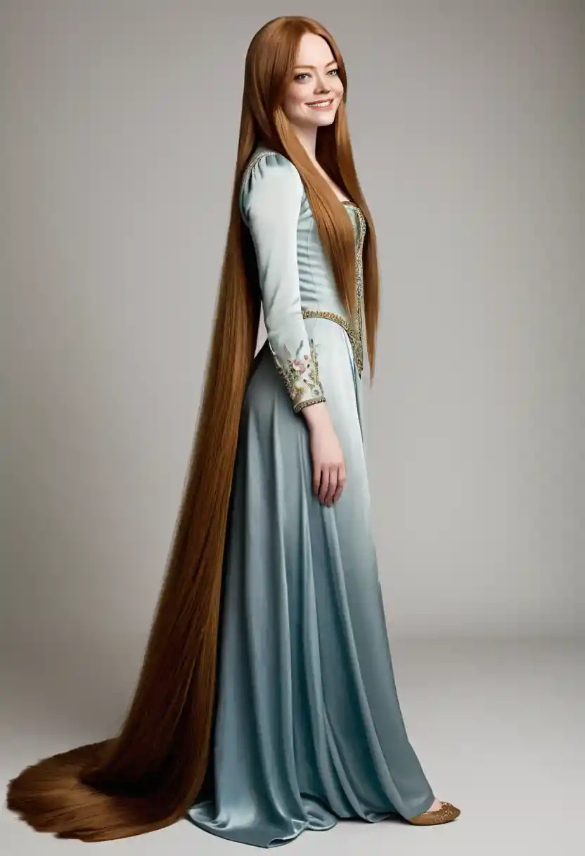 Smiling woman with extremely long silky hair in side profile