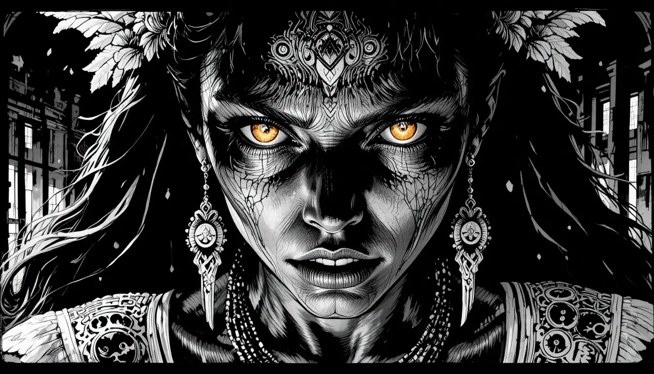 Surreal woman transforming with glowing eyes in stark shadow