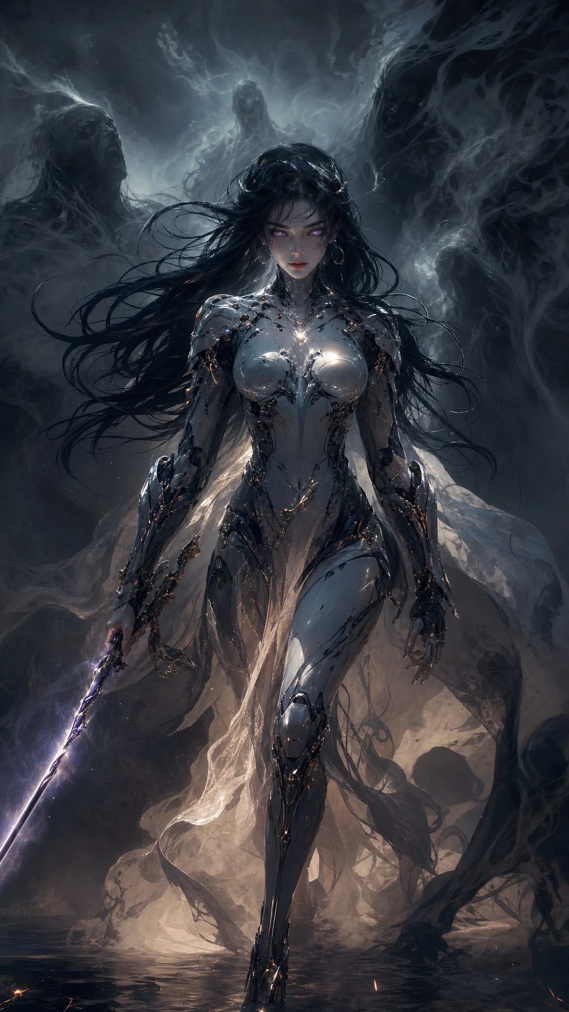 Ethereal warrior woman striding through swirling ghostly smoke