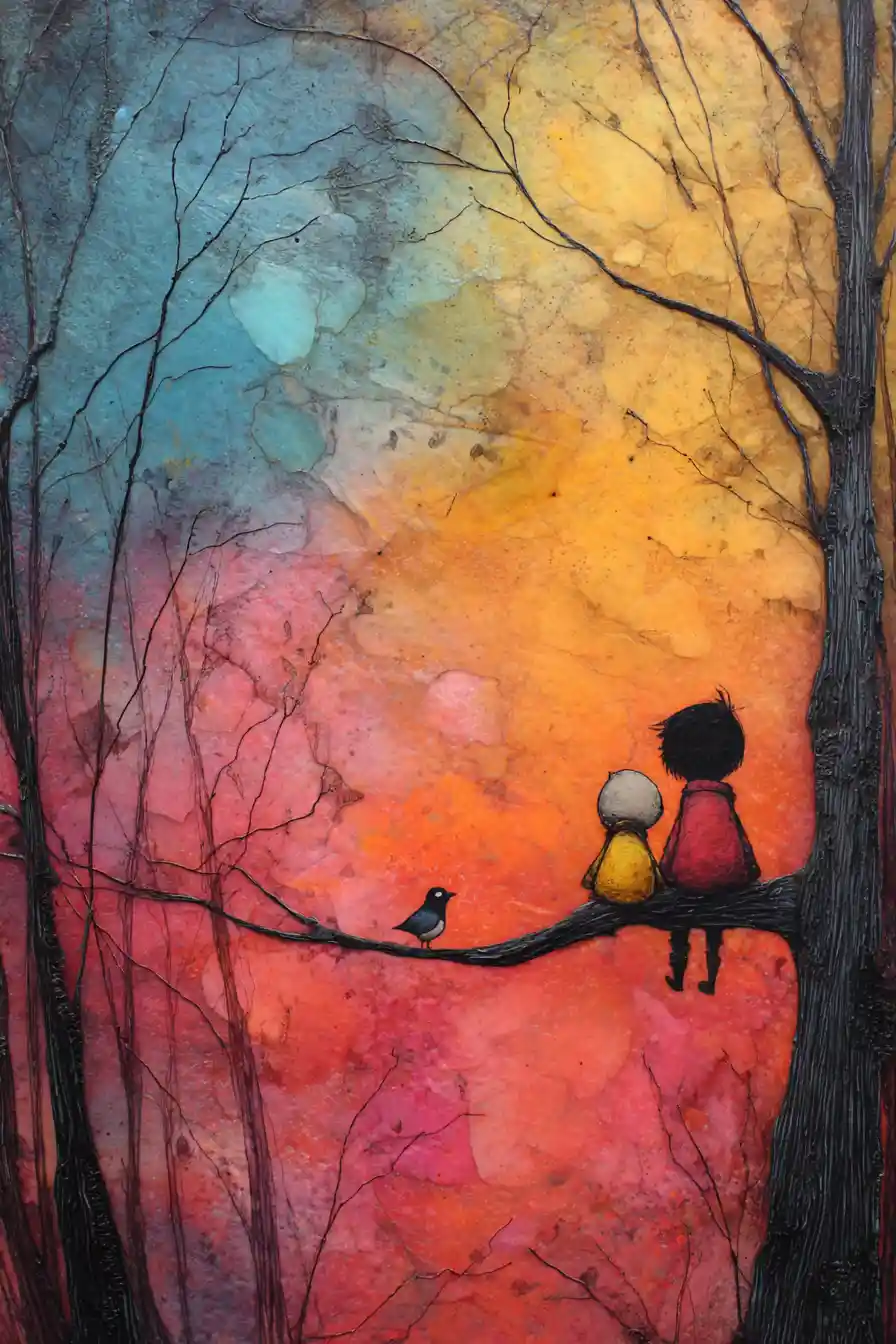 Whimsical mixed media figure in dark spring color palette