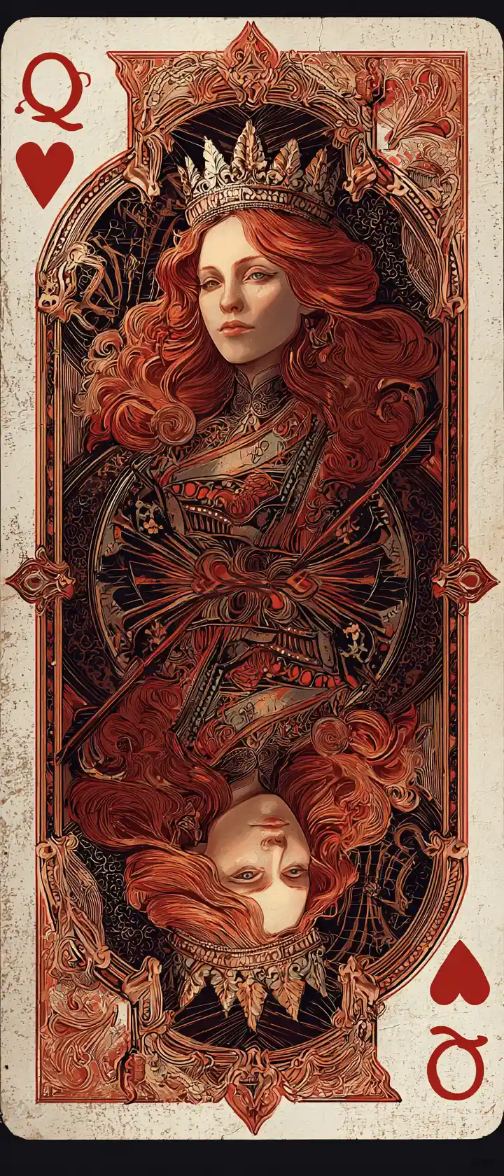 Carta della regina di cuori in stile anime in salotto illuminato da candele