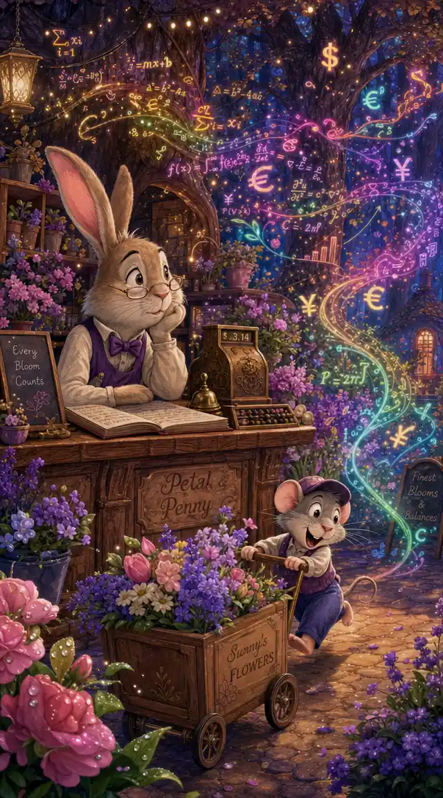Mischievous rabbit at a forest counter surrounded by flowers