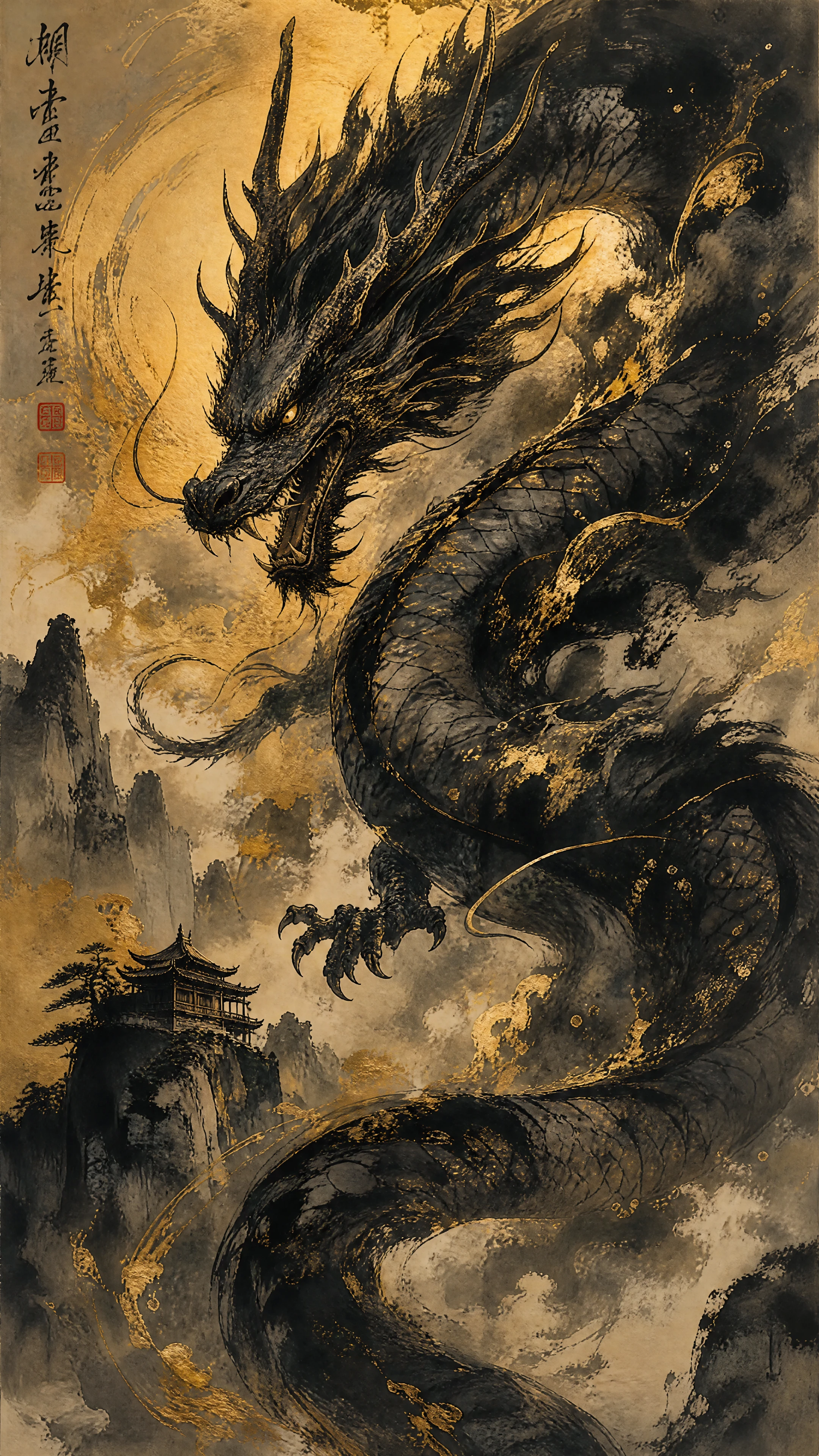 Japanese ink dragon with shimmering black and gold detail