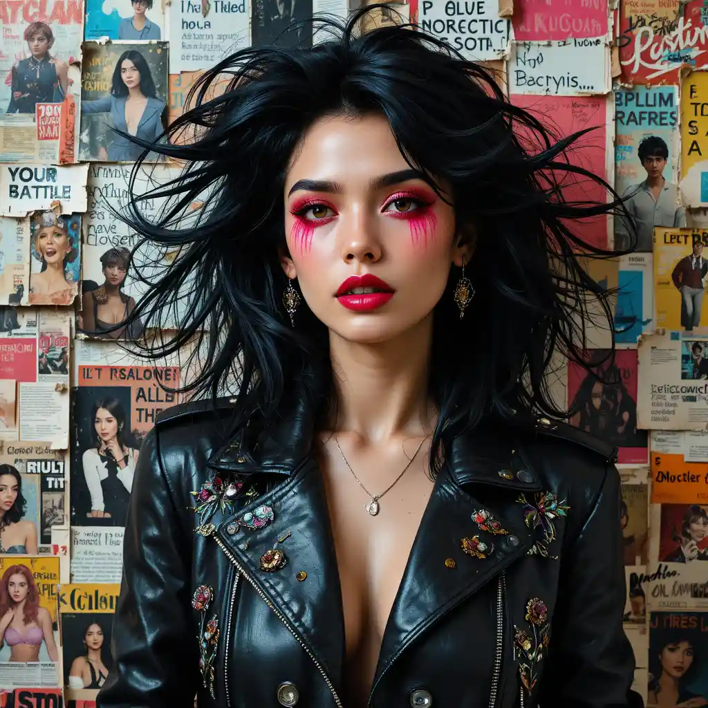 Confident punk fashion woman against retro collage wall
