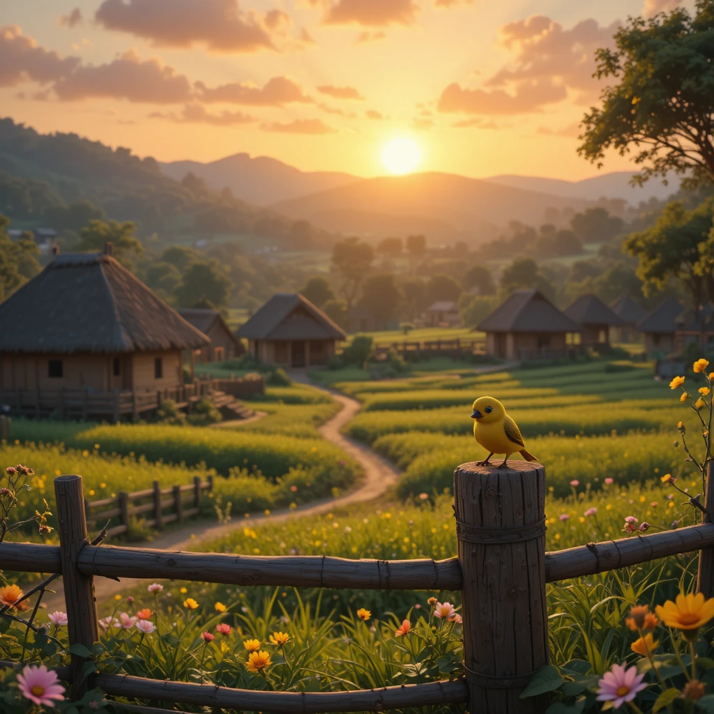 Telugu village sunrise with a tiny yellow bird