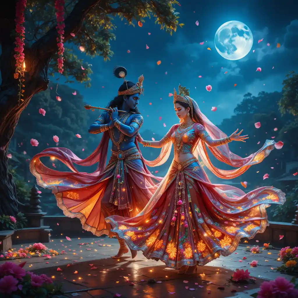 Divine Radha and Krishna Raslila dance under moonlit sky