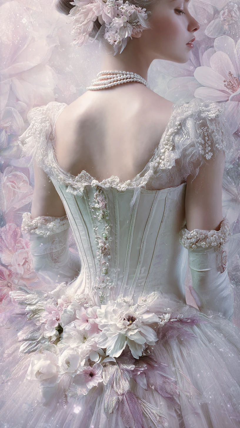 Pearl adorned princess in delicate lace with pastel flowers