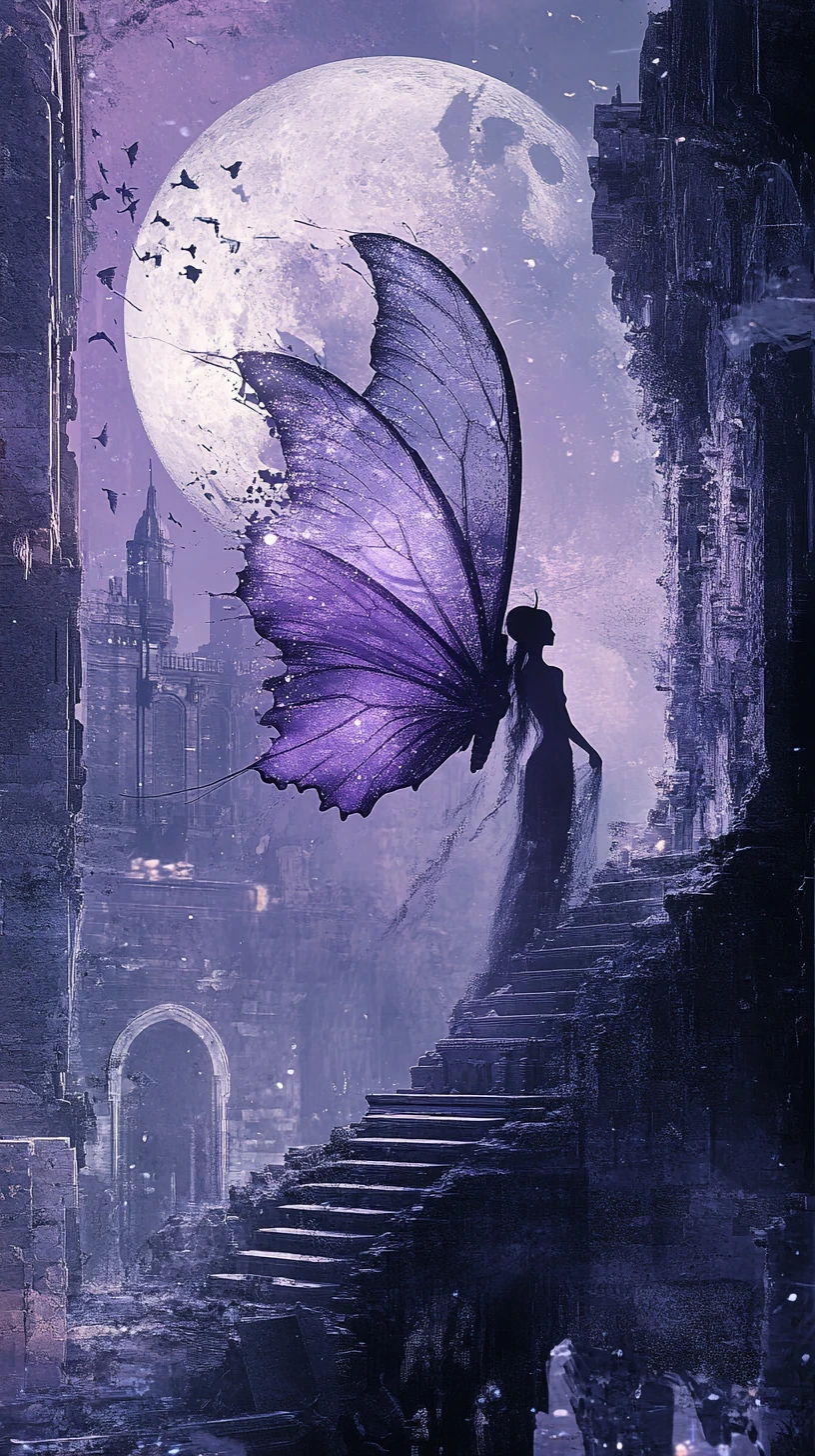 Surreal Woman Silhouette With Lunar Moth Wings At Moonlit Palace