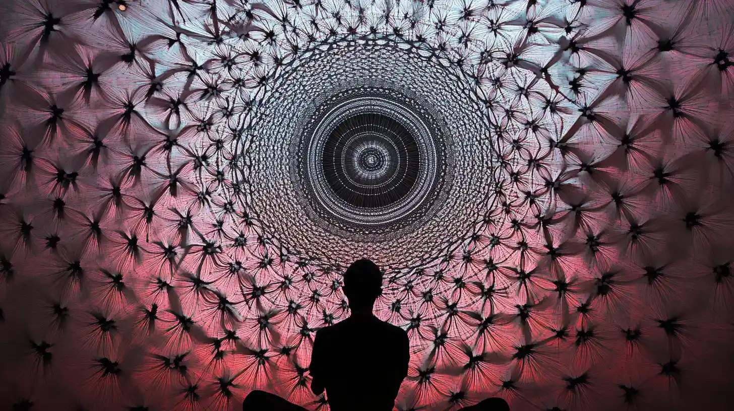 Symmetrical circular canopy above void with suspended threads