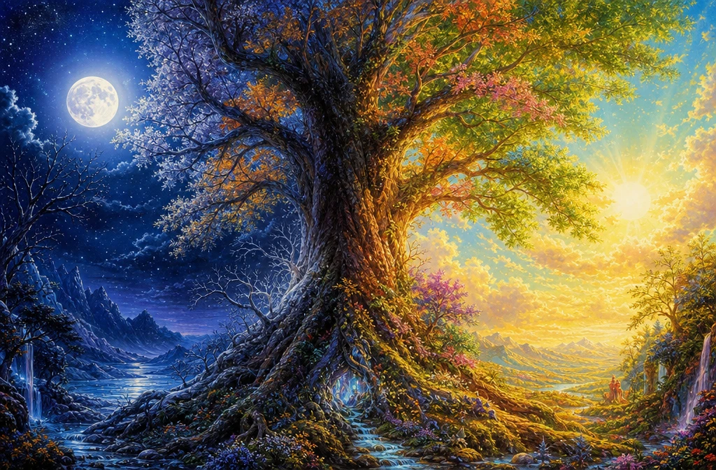 Ancient world tree dividing night moon and bright sun
